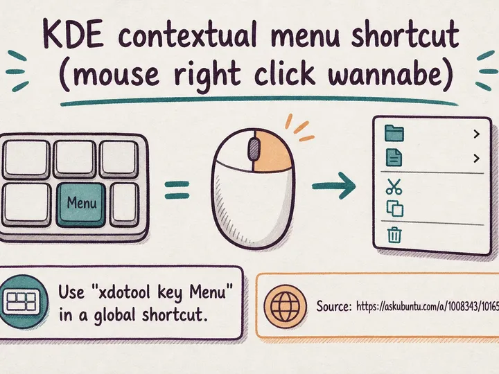 Illustrated infographic summarizing: KDE contextual menu shortcut (mouse right click wannabe)