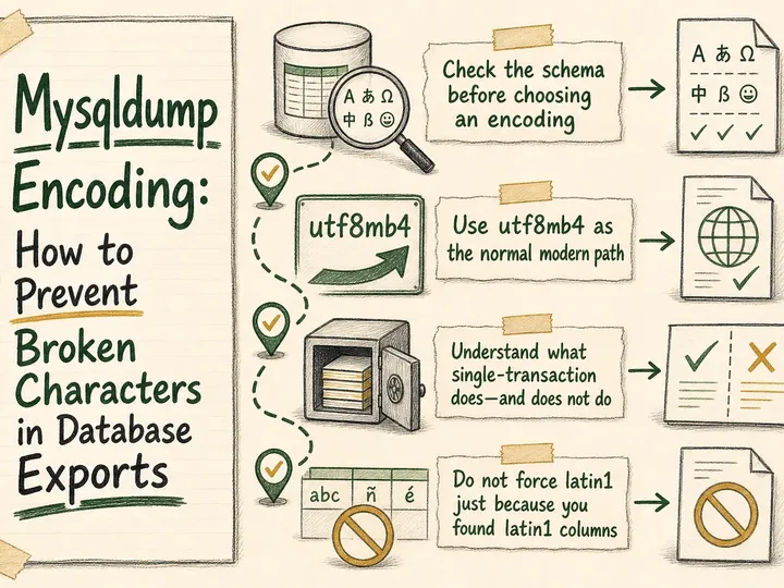 Illustrated infographic summarizing: Mysqldump Encoding: How to Prevent Broken Characters in Database Exports