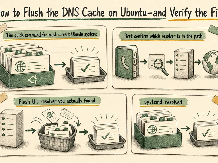 Illustrated infographic summarizing: How to Flush the DNS Cache on Ubuntu—and Verify the Fix