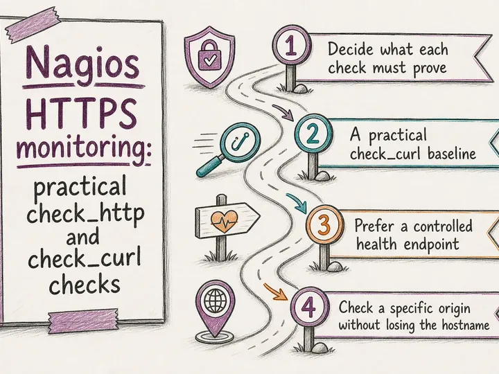 Illustrated infographic summarizing: Nagios HTTPS monitoring: practical check_http and check_curl checks