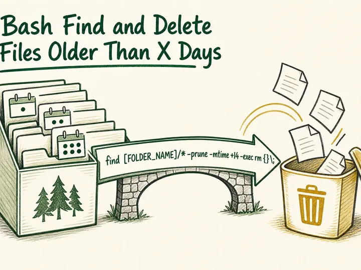 Illustrated infographic summarizing: Bash Find and Delete Files Older Than X Days