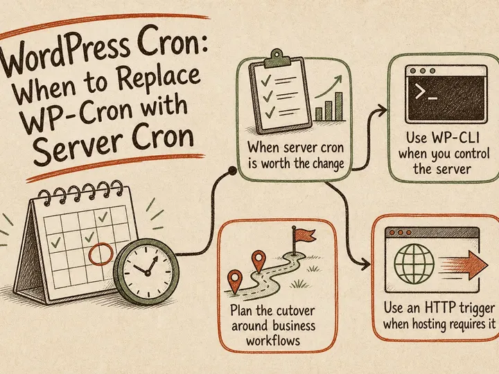 Illustrated infographic summarizing: WordPress Cron: When to Replace WP-Cron with Server Cron