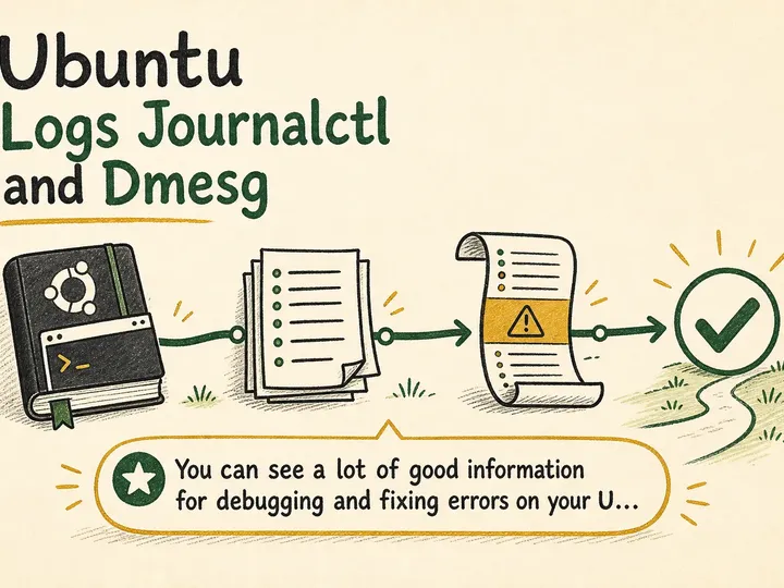 Illustrated infographic summarizing: Ubuntu Logs Journalctl and Dmesg