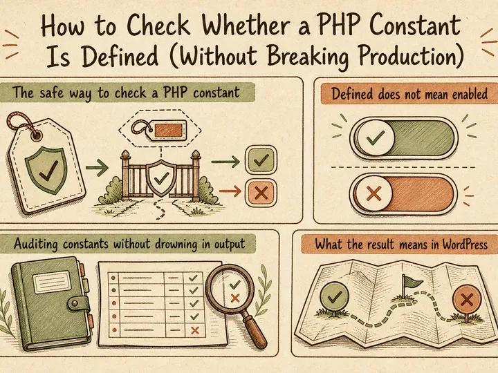 Illustrated infographic summarizing: How to Check Whether a PHP Constant Is Defined (Without Breaking Production)
