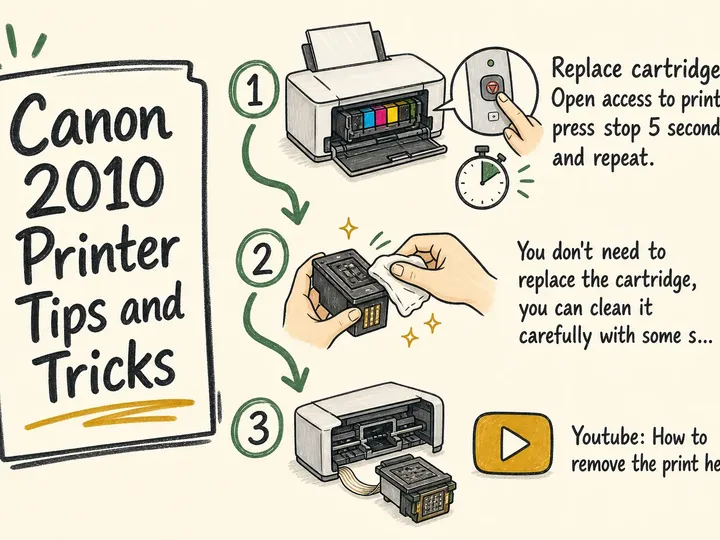 Illustrated infographic summarizing: Canon 2010 Printer Tips and Tricks