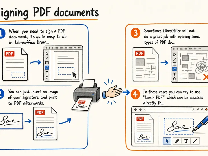 Illustrated infographic summarizing: Signing PDF documents