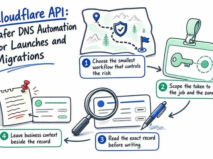 Illustrated infographic summarizing: Cloudflare API: Safer DNS Automation for Launches and Migrations
