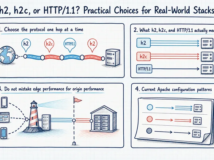 Illustrated infographic summarizing: h2, h2c, or HTTP/1.1? Practical Choices for Real-World Stacks