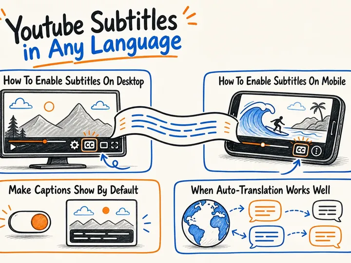 Illustrated infographic summarizing: Youtube Subtitles in Any Language