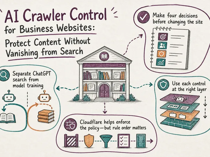 Illustrated infographic summarizing: AI Crawler Control for Business Websites: Protect Content Without Vanishing from Search