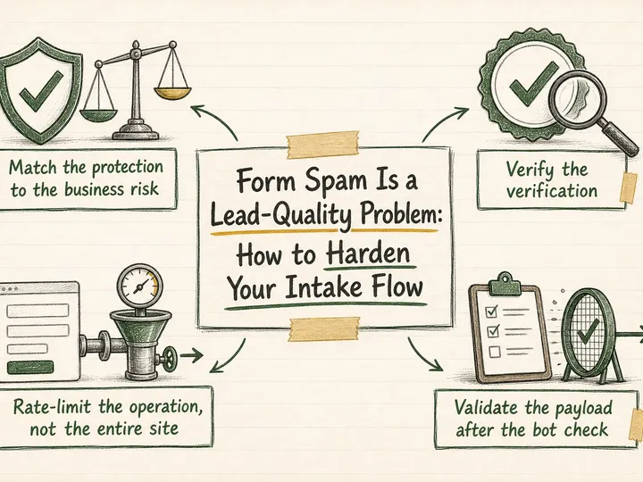 Illustrated infographic summarizing: Form Spam Is a Lead-Quality Problem: How to Harden Your Intake Flow