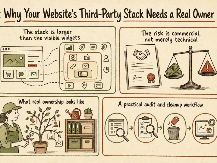 Illustrated infographic summarizing: Why Your Website’s Third-Party Stack Needs a Real Owner