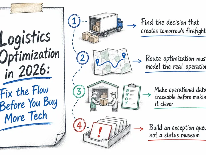 Illustrated infographic summarizing: Logistics Optimization in 2026: Fix the Flow Before You Buy More Tech