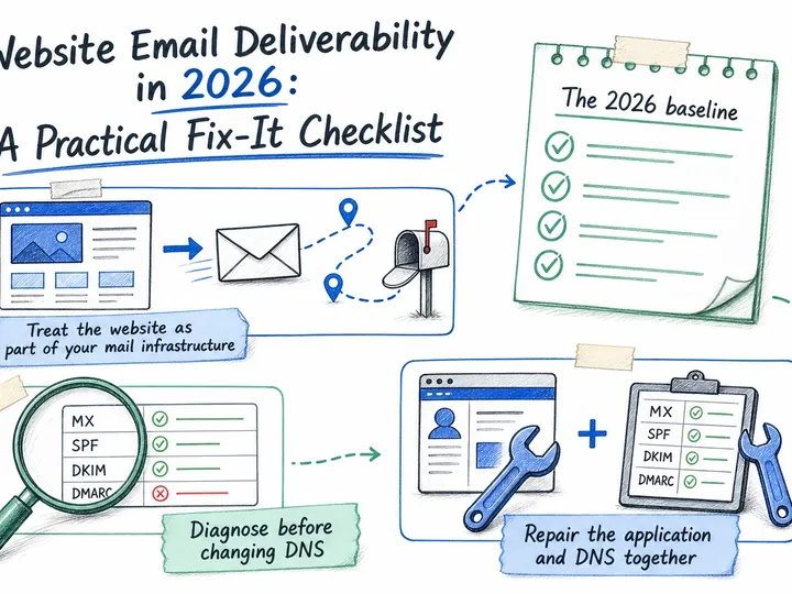 Illustrated infographic summarizing: Website Email Deliverability in 2026: A Practical Fix-It Checklist