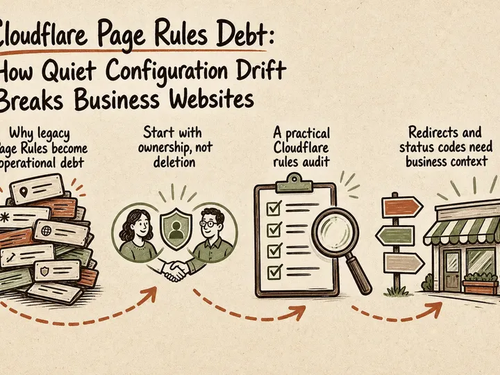 Illustrated infographic summarizing: Cloudflare Page Rules Debt: How Quiet Configuration Drift Breaks Business Websites