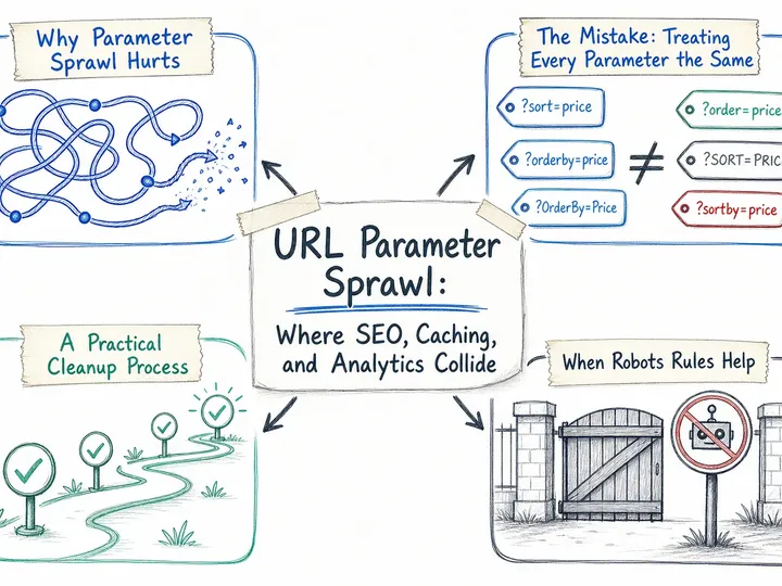 Illustrated infographic summarizing: URL Parameter Sprawl: Where SEO, Caching, and Analytics Collide