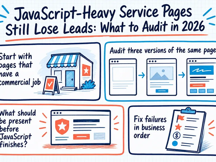 Illustrated infographic summarizing: JavaScript-Heavy Service Pages Still Lose Leads: What to Audit in 2026