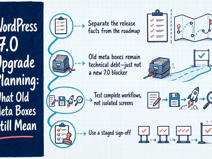 Illustrated infographic summarizing: WordPress 7.0 Upgrade Planning: What Old Meta Boxes Still Mean