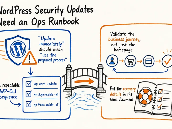 Illustrated infographic summarizing: WordPress Security Updates Need an Ops Runbook