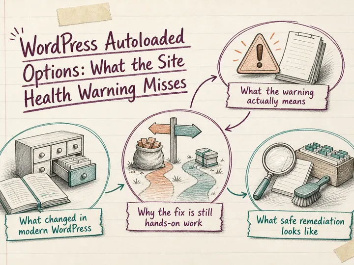 Illustrated infographic summarizing: WordPress Autoloaded Options: What the Site Health Warning Misses