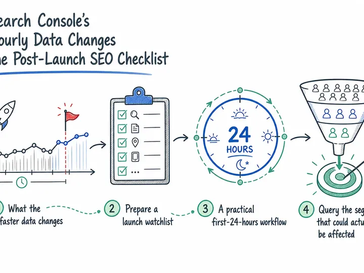 Illustrated infographic summarizing: Search Console’s Hourly Data Changes the Post-Launch SEO Checklist