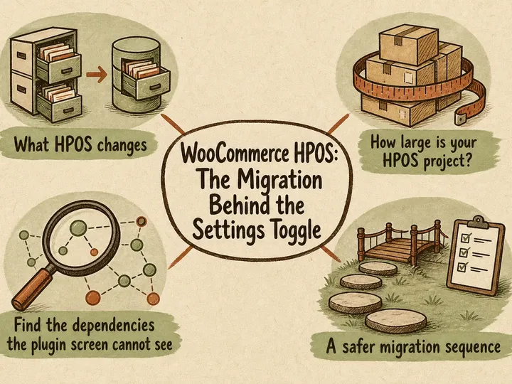 Illustrated infographic summarizing: WooCommerce HPOS: The Migration Behind the Settings Toggle