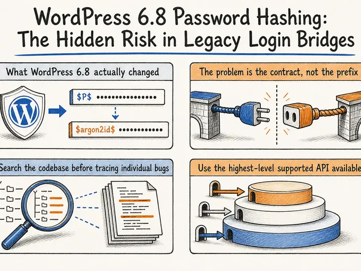 Illustrated infographic summarizing: WordPress 6.8 Password Hashing: The Hidden Risk in Legacy Login Bridges