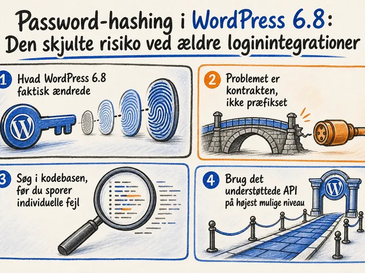 Illustreret infografik, der opsummerer: Password-hashing i WordPress 6.8: Den skjulte risiko ved ældre loginintegrationer