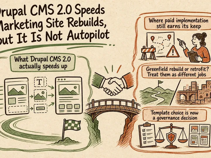 Illustrated infographic summarizing: Drupal CMS 2.0 Speeds Marketing Site Rebuilds, but It Is Not Autopilot