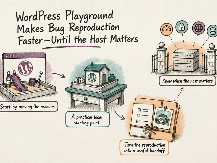 Illustrated infographic summarizing: WordPress Playground Makes Bug Reproduction Faster—Until the Host Matters