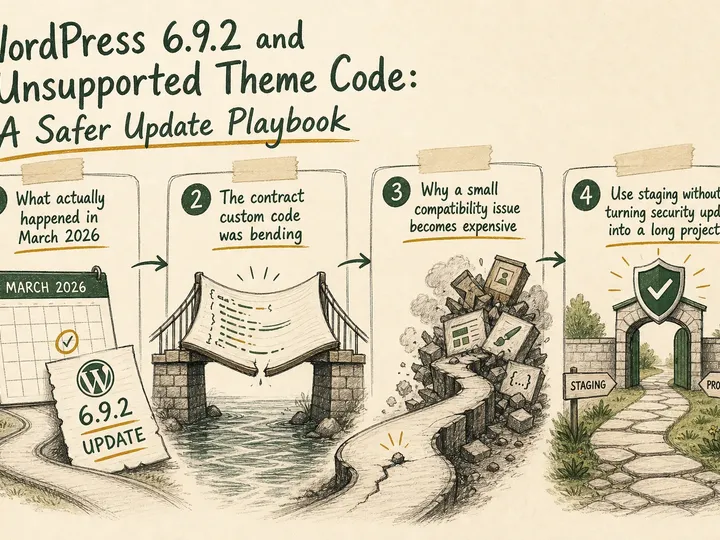Illustrated infographic summarizing: WordPress 6.9.2 and Unsupported Theme Code: A Safer Update Playbook