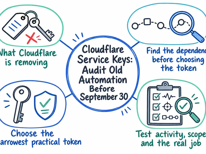 Illustrated infographic summarizing: Cloudflare Service Keys: Audit Old Automation Before September 30