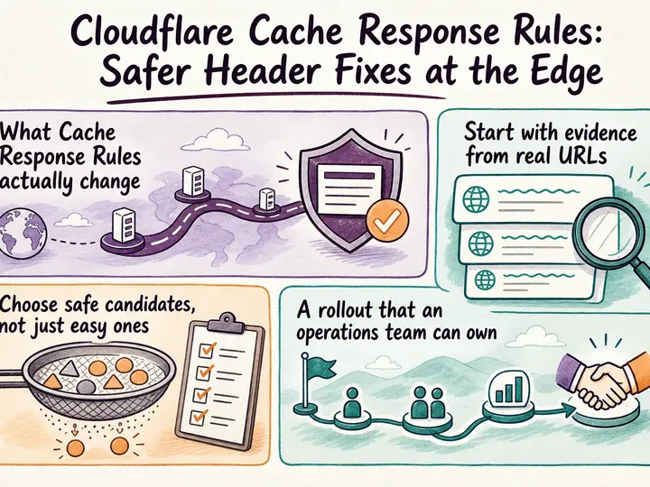 Illustrated infographic summarizing: Cloudflare Cache Response Rules: Safer Header Fixes at the Edge