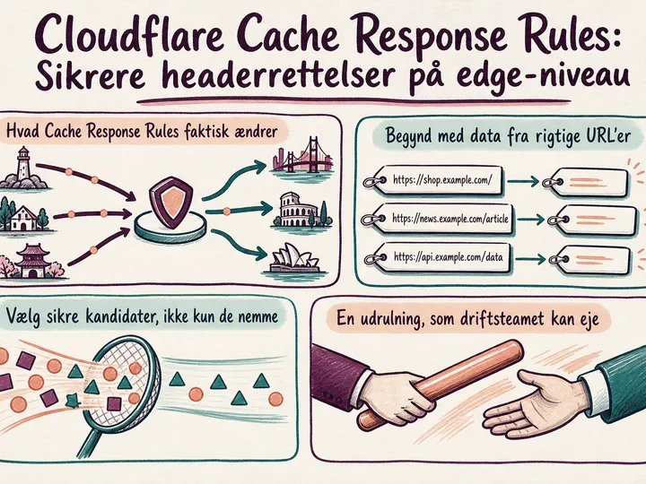 Illustrated infographic summarizing: Cloudflare Cache Response Rules: Sikrere headerrettelser på edge-niveau