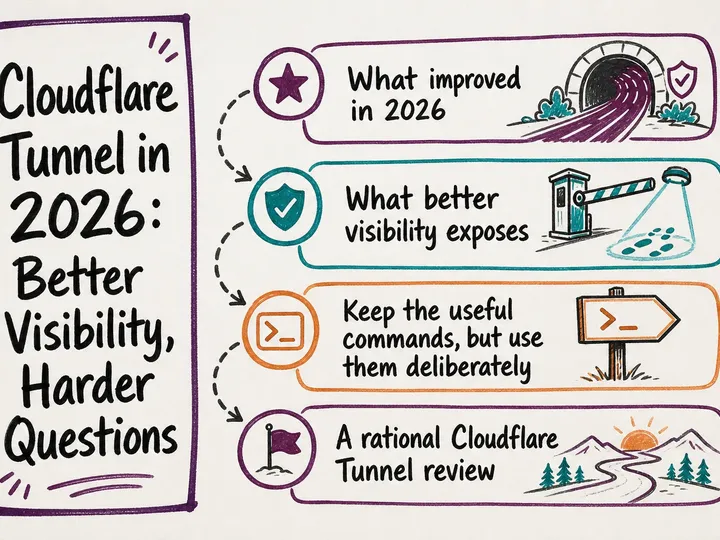 Illustrated infographic summarizing: Cloudflare Tunnel in 2026: Better Visibility, Harder Questions