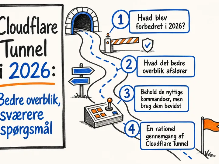 Illustreret infografik, der opsummerer: Cloudflare Tunnel i 2026: Bedre overblik, sværere spørgsmål