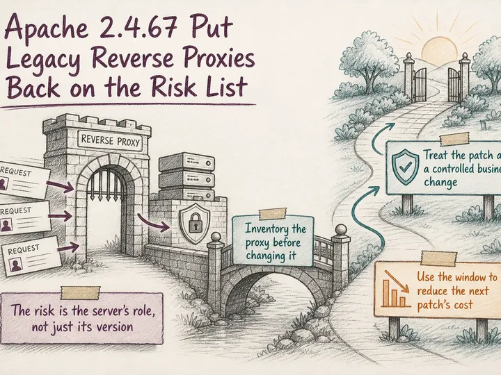 Illustrated infographic summarizing: Apache 2.4.67 Put Legacy Reverse Proxies Back on the Risk List
