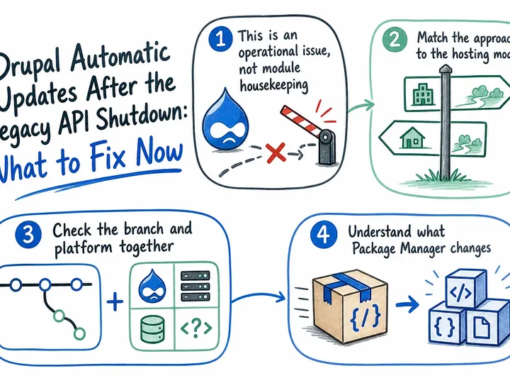 Illustrated infographic summarizing: Drupal Automatic Updates After the Legacy API Shutdown: What to Fix Now