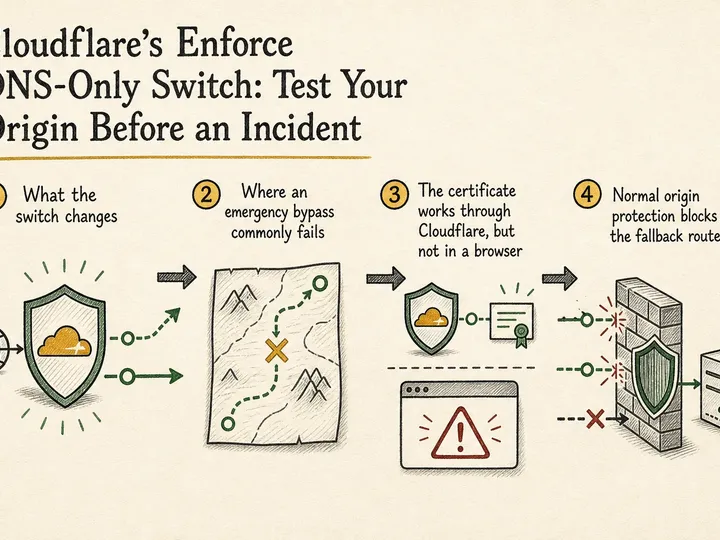 Illustrated infographic summarizing: Cloudflare’s Enforce DNS-Only Switch: Test Your Origin Before an Incident