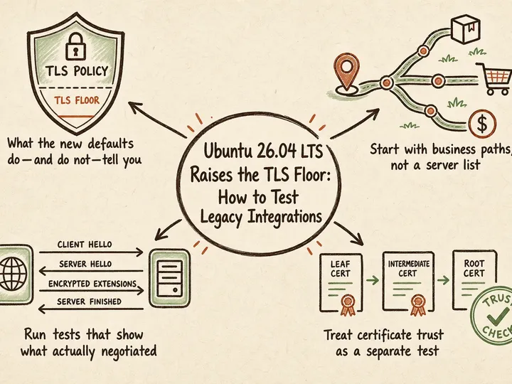 Illustrated infographic summarizing: Ubuntu 26.04 LTS Raises the TLS Floor: How to Test Legacy Integrations