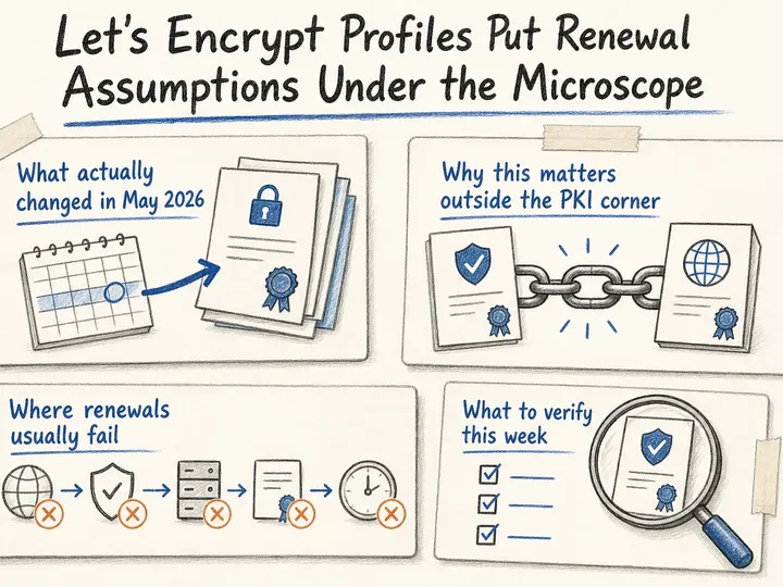 Illustrated infographic summarizing: Let's Encrypt Profiles Put Renewal Assumptions Under the Microscope
