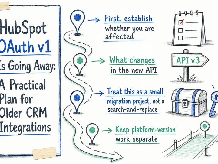 Illustrated infographic summarizing: HubSpot OAuth v1 Is Going Away: A Practical Plan for Older CRM Integrations