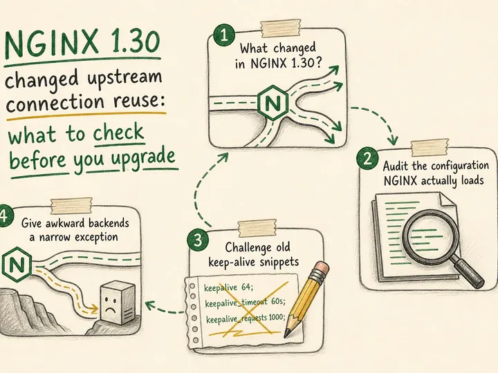 Illustrated infographic summarizing: NGINX 1.30 changed upstream connection reuse: what to check before you upgrade