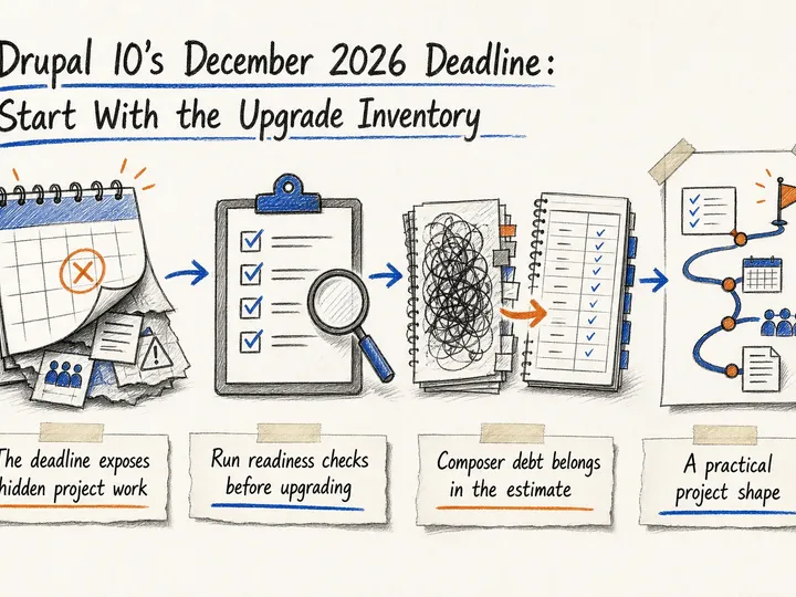 Illustrated infographic summarizing: Drupal 10's December 2026 Deadline: Start With the Upgrade Inventory