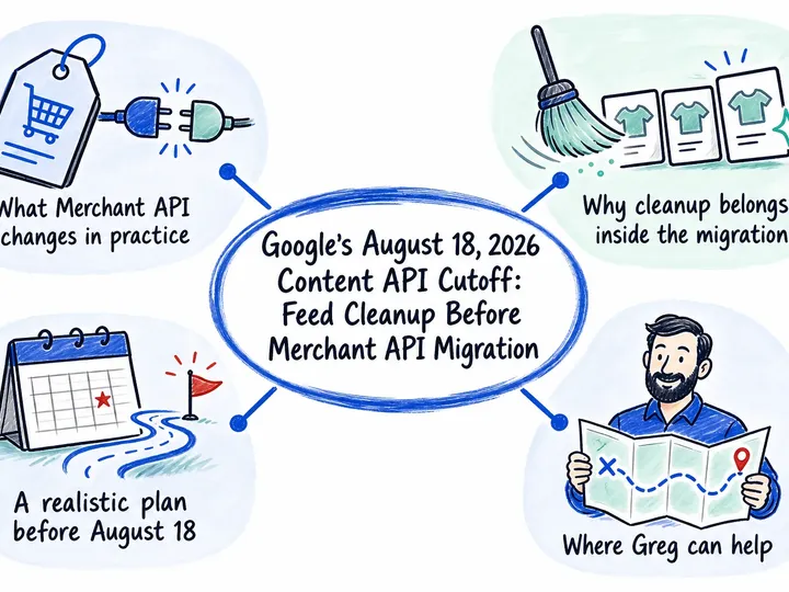 Illustrated infographic summarizing: Google’s August 18, 2026 Content API Cutoff: Feed Cleanup Before Merchant API Migration