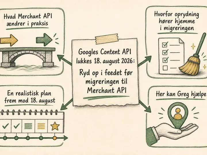 Illustreret infografik, der opsummerer: Googles Content API lukkes 18. august 2026: Ryd op i feedet før migreringen til Merchant API