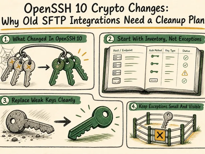 Illustrated infographic summarizing: OpenSSH 10 Crypto Changes: Why Old SFTP Integrations Need a Cleanup Plan