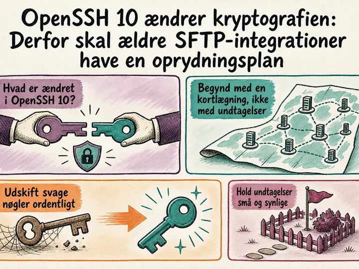 Illustreret infografik, der opsummerer: OpenSSH 10 ændrer kryptografien: Derfor skal ældre SFTP-integrationer have en oprydningsplan