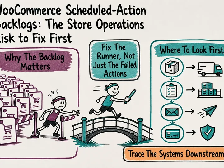 Illustrated infographic summarizing: WooCommerce Scheduled-Action Backlogs: The Store Operations Risk to Fix First