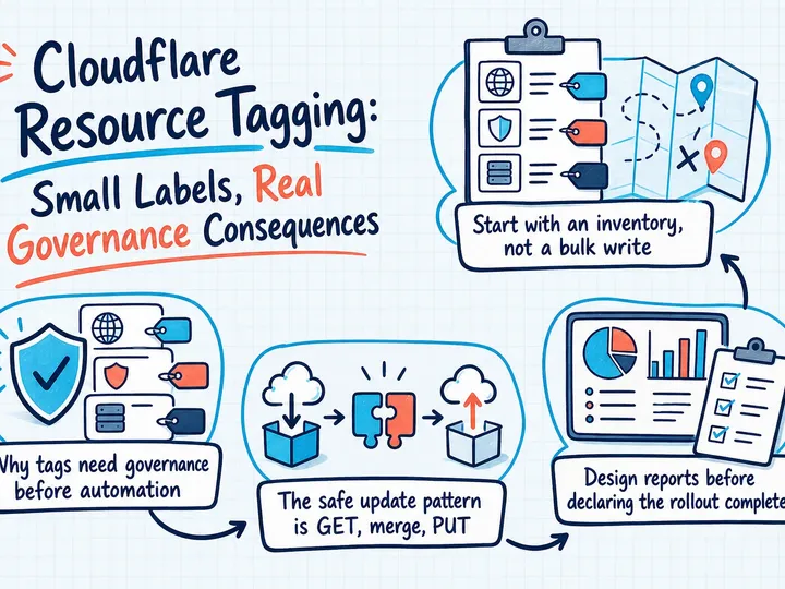 Illustrated infographic summarizing: Cloudflare Resource Tagging: Small Labels, Real Governance Consequences